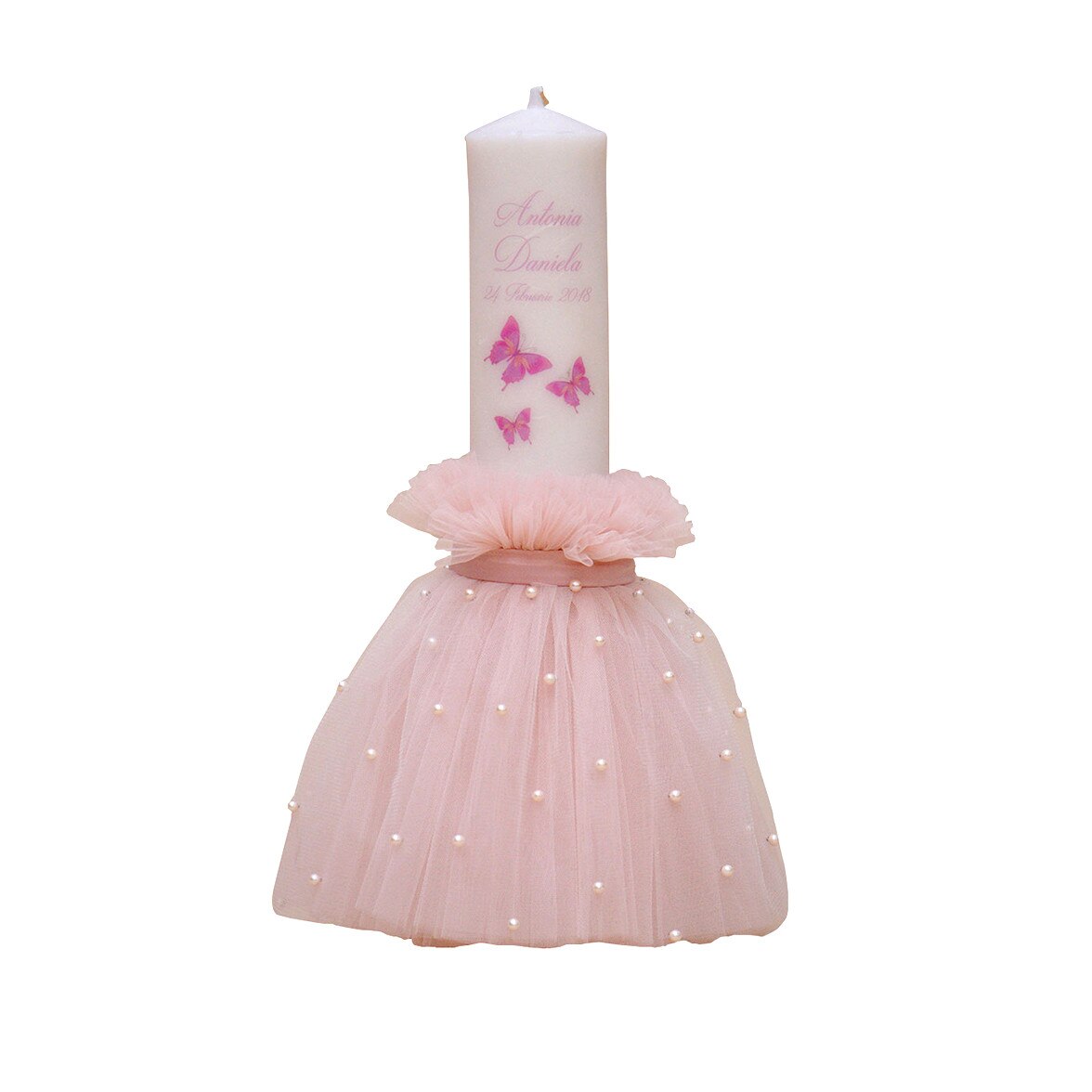 Lumanare de botez personalizata Fluturasi roz