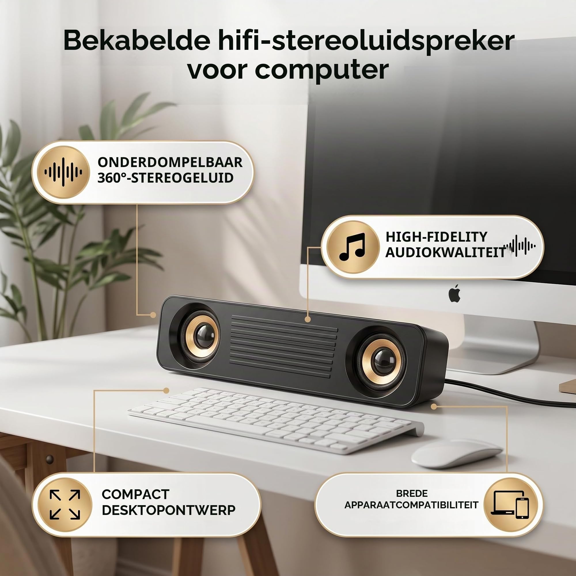 Soundbar Corenia QRE-5170784, alimentare USB, jack 3,5 mm, stereo 2x, 360° surround, compact, negru/auriu
