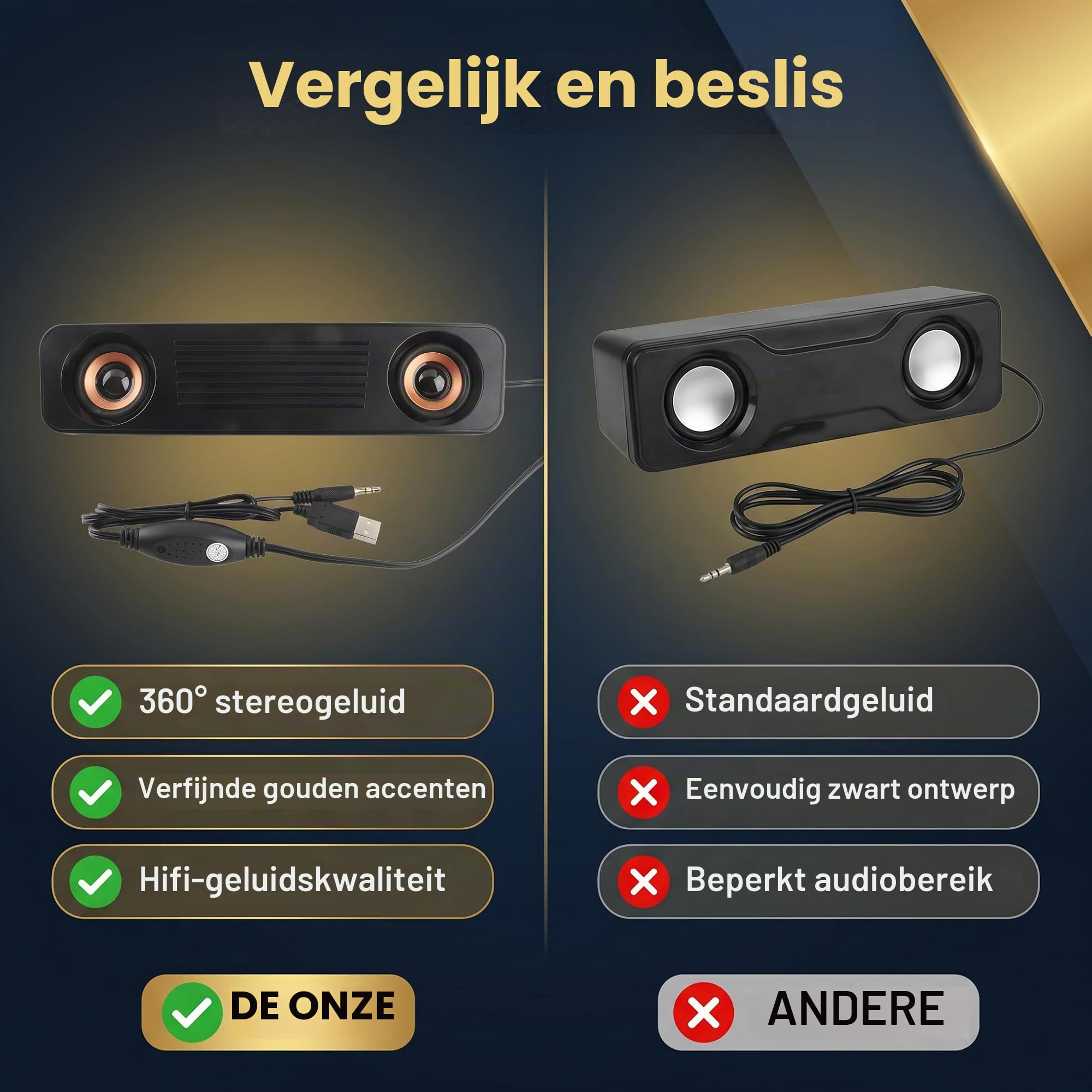 Soundbar Corenia QRE-5170784, alimentare USB, jack 3,5 mm, stereo 2x, 360° surround, compact, negru/auriu
