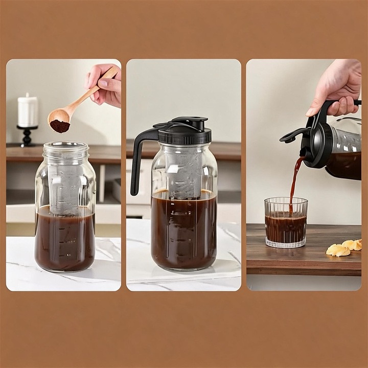 Cana pentru cold brew Bedee RURBRURGKZ, sticla sodocalcica alimentara, filtru inox 304 160µm reutilizabil, capac flip-top etans, negru, 1800 ml