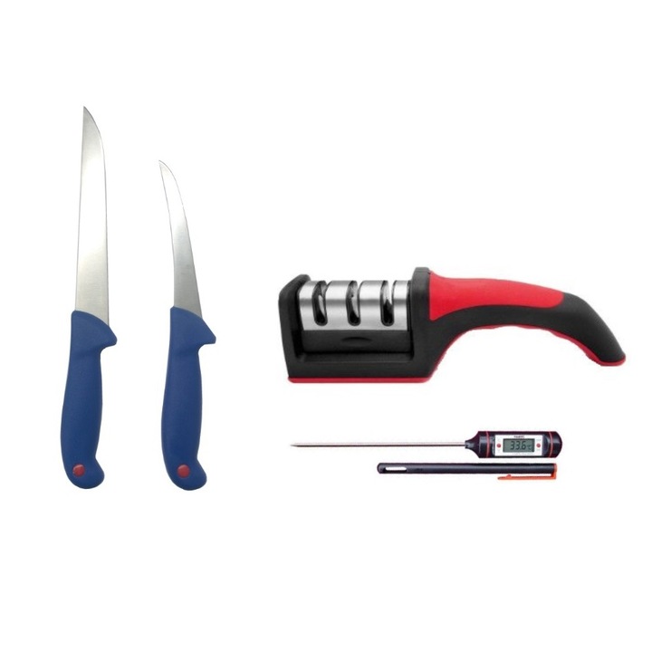 Pachet format din 2 Cutite profesionale de macelarie SVT, Aparat manual pentru ascutit cutite, 3 nivele, WLS-30R si Termometru digital