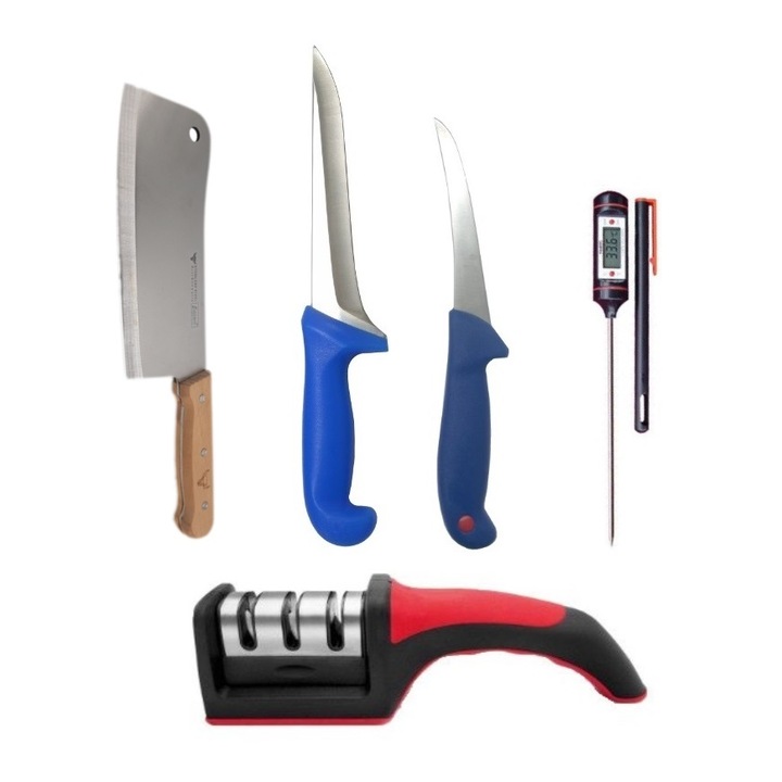 Pachet format din 2 Cutite profesionale de macelarie SVT, Aparat manual pentru ascutit cutite, 3 nivele, WLS-30R, Termometru digital si Satar