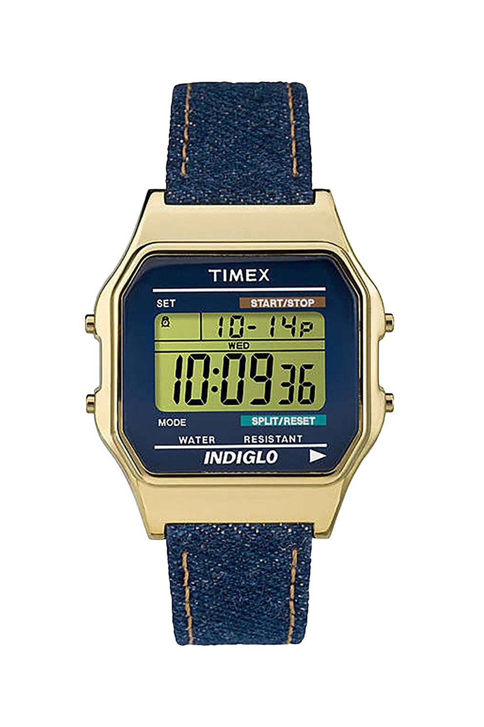 Timex, Ceas digital patrat cu o curea de piele, Bleumarin