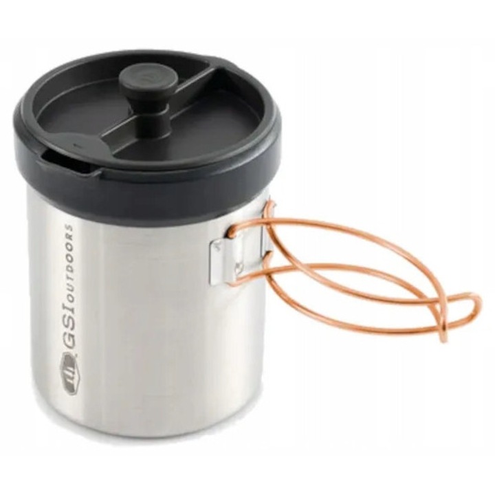 Cafetiera turistica (French press) GSI Glacier Personal Javapress T1F47VDTW1, otel inoxidabil, presa cu sita, maner pliabil cu silicon, fara BPA, 700 ml, Multicolor