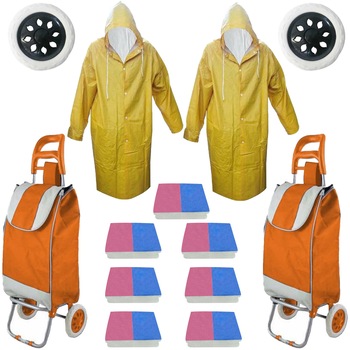 Pachet - 2 x Carut piata, 2 roti, Portocaliu, Carucior cumparaturi cu sac, Suporta 20 Kg + 2 x Pelerina de ploaie impermeabila, Galbena + 2 x Roata spuma pentru carut + 7 x Set bureti vase Hillox (2buc./set) Pachet - 2 x Carut piata, 2 roti, Portocaliu, Carucior cumparaturi cu sac, Suporta 20 Kg + 2 x Pelerina de ploaie impermeabila, Galbena + 2 x Roata spuma pentru carut + 7 x Set bureti vase Hillox (2buc./set)