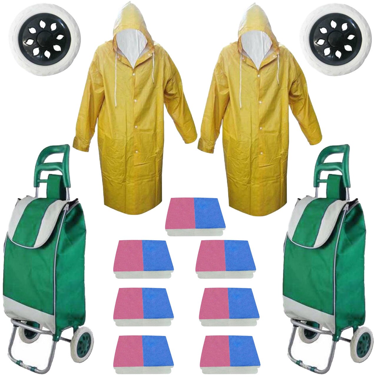 Pachet - 2 x Carut piata, 2 roti, Verde, Carucior cumparaturi cu sac, Suporta 20 Kg + 2 x Pelerina de ploaie impermeabila, Galbena + 2 x Roata spuma pentru carut + 7 x Set bureti vase Hillox (2buc./set)
