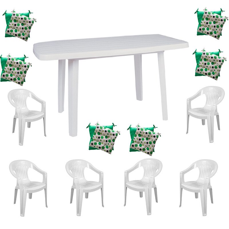 Set mobilier gradina masa demontabila MUTUM cu 6 scaune Jokei culoare alba,6 Pernute scaun