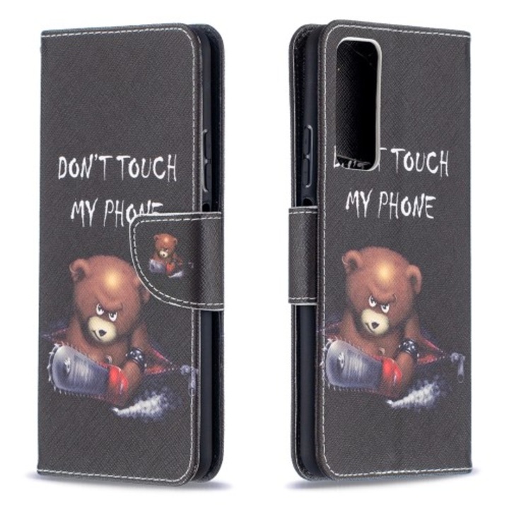 Husa portofel 101719881I pentru Huawei P Smart 2021/Y7a, piele ecologica, cu suport, imprimeu ursulet "Don't touch my phone", negru
