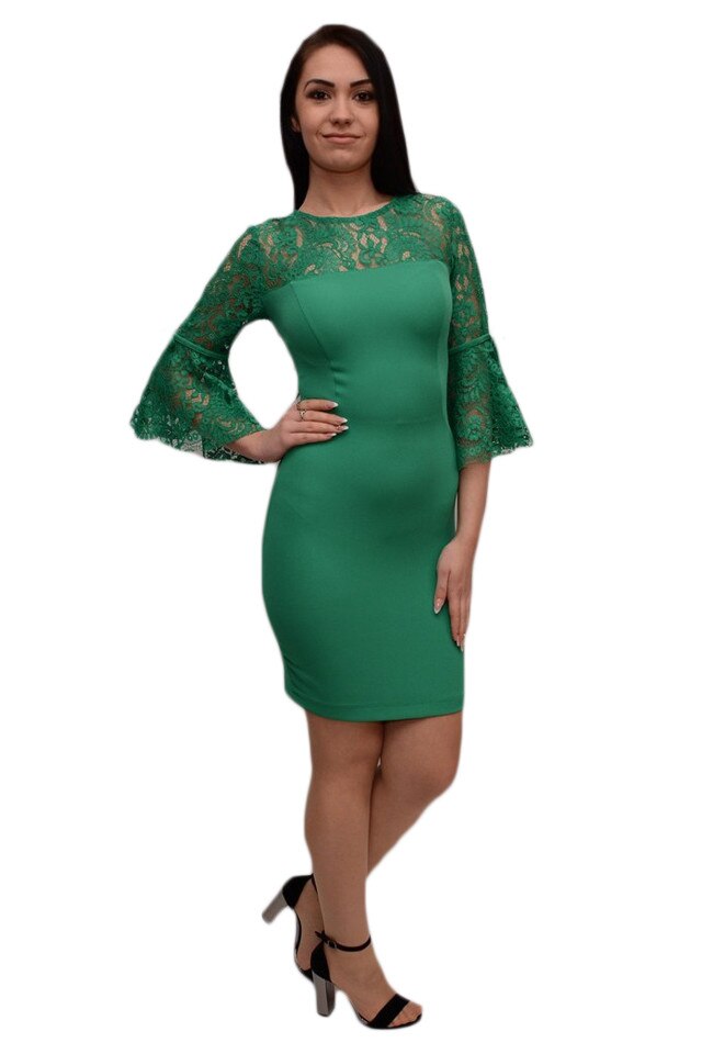 Rochie mulata pentru ocazie, cu insertii de dantela, D&J Exclusive, Verde