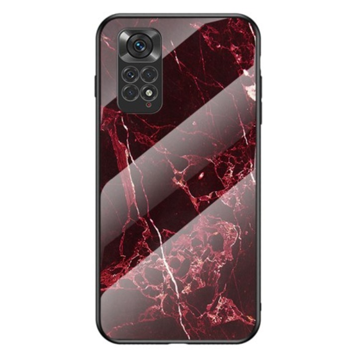 Husa de protectie pentru Xiaomi Redmi Note 11/Redmi Note 11S, silicon cu spate din sticla, rosu marmorat, 101914200D
