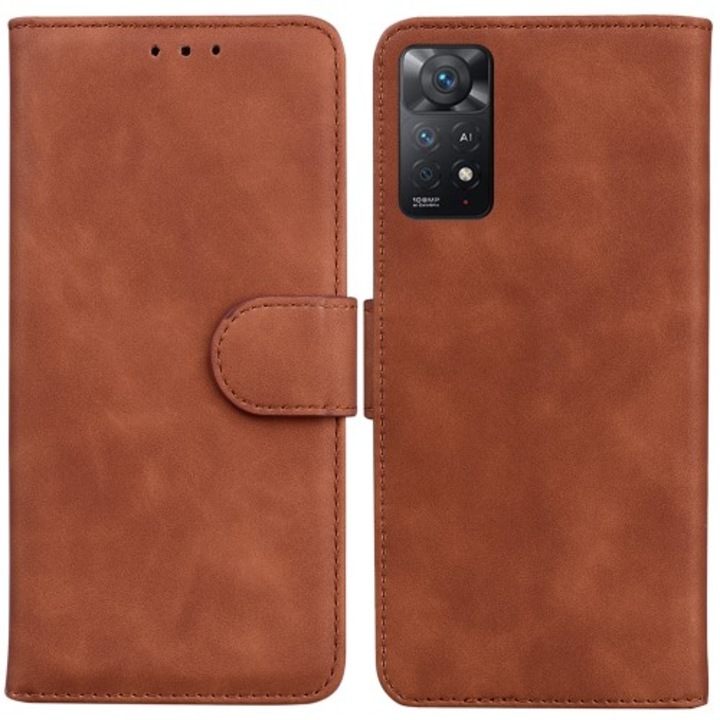 Husa tip portofel pentru Xiaomi Redmi Note 11 Pro 4G/Note 11 Pro 5G, aspect piele, cu suport de sprijin, maro, cod produs 101914518E
