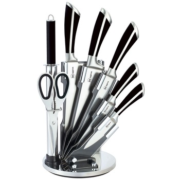 Set de cutite Bohmann inox turnat 8 piese, Foarfeca si Dispozitiv de Ascutit Suport inclus, negru/argintiu Set de cutite Bohmann inox turnat 8 piese, Foarfeca si Dispozitiv de Ascutit Suport inclus, negru/argintiu