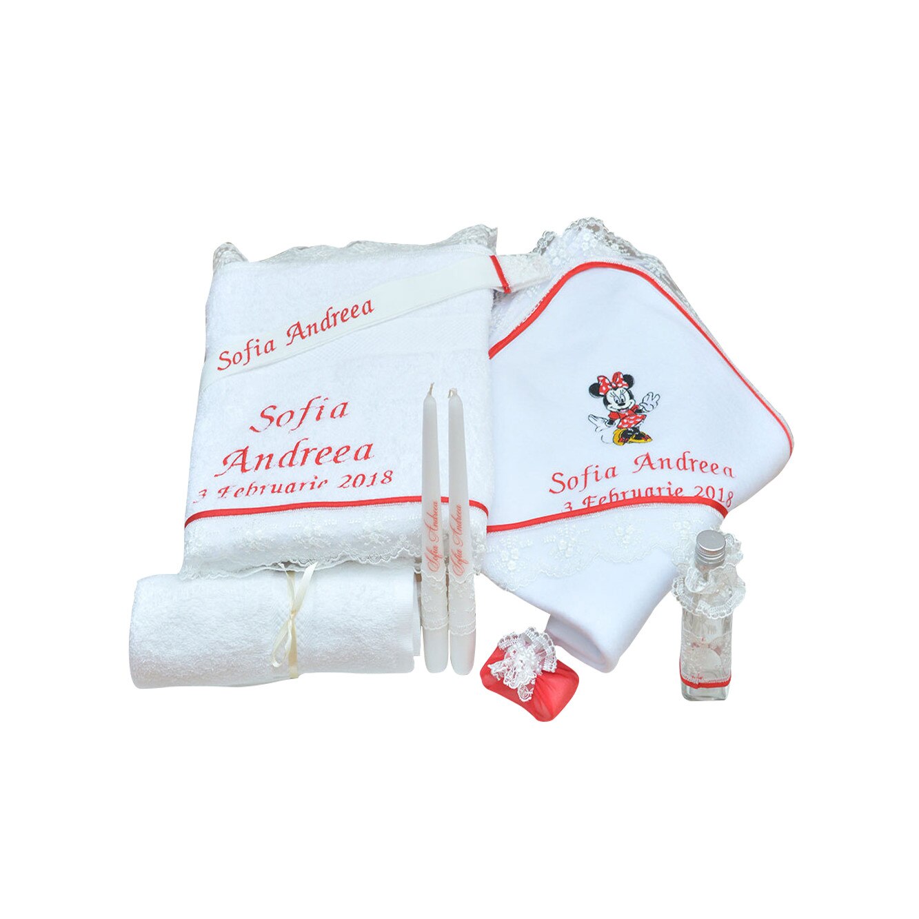 Trusou botez brodat complet Minnie Mouse rosu, Couture Bebe