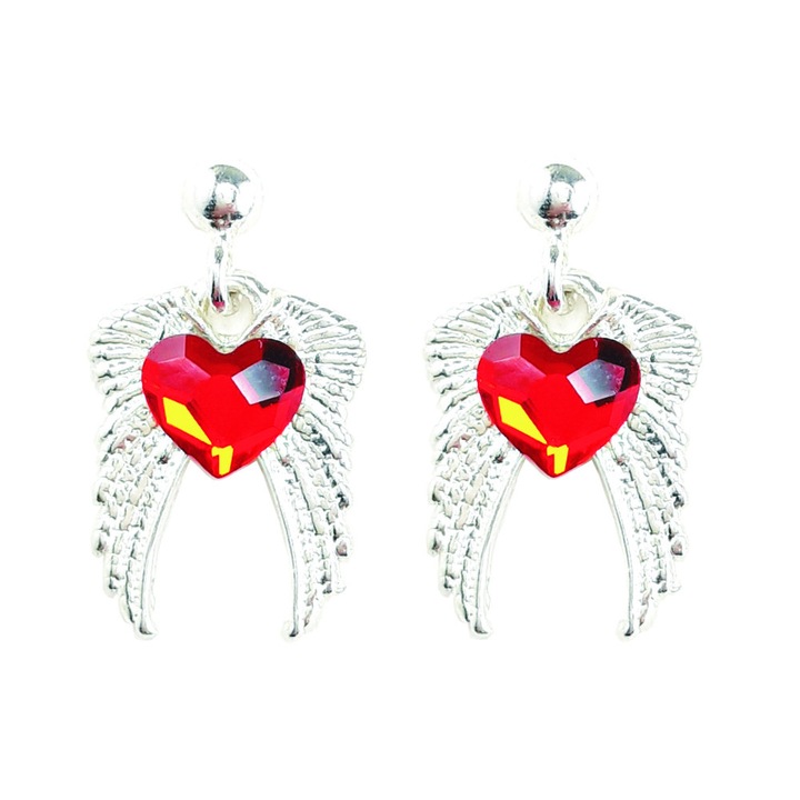 Cercei cu surub, cu aripi de inger si inimi rosii