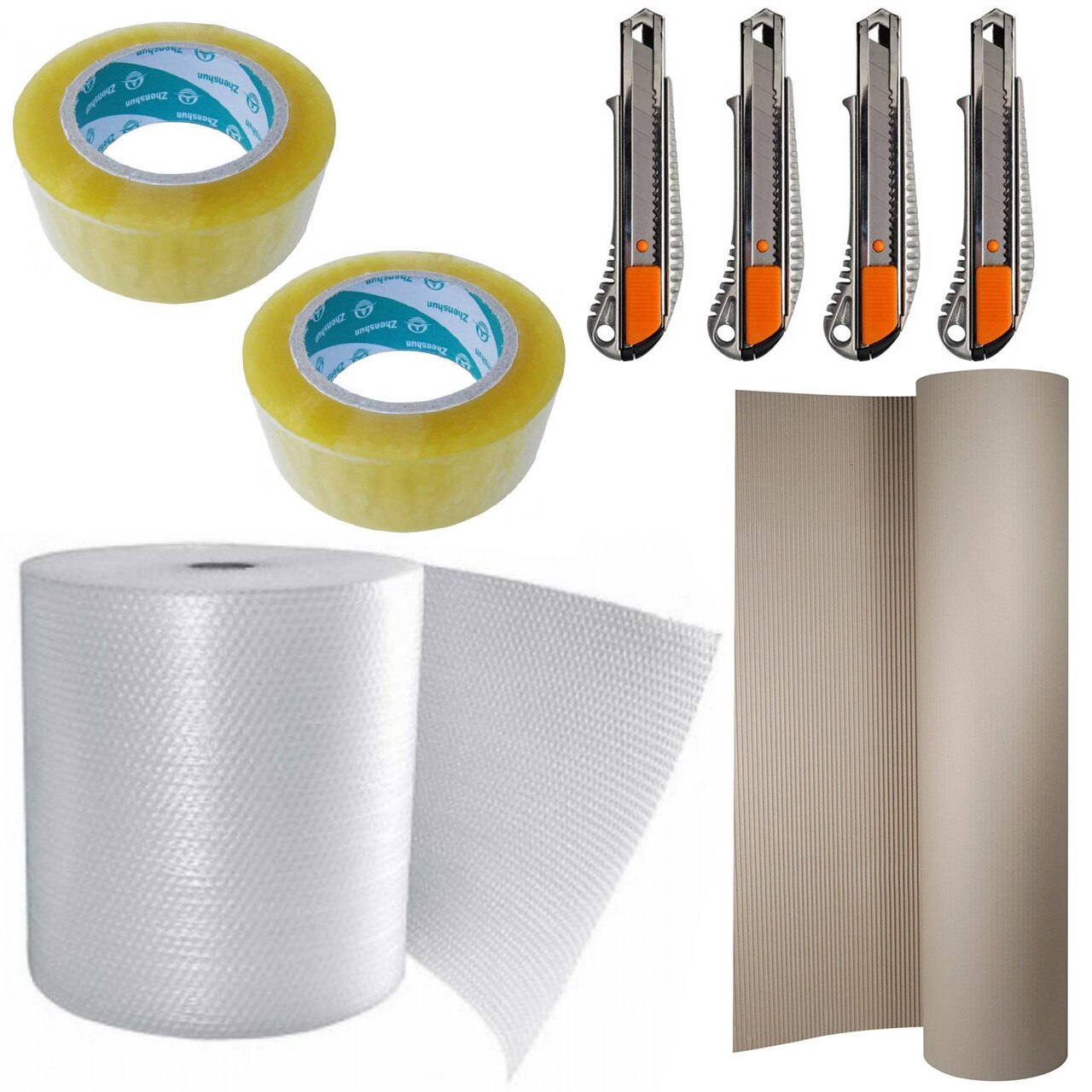 Pachet - 10(mp) xFolie cu bule, latime 1M + 20(mp) xCarton ondulat, latime 1M + 4 xCutter metalic + 2 xScotch lat transparent, 100M