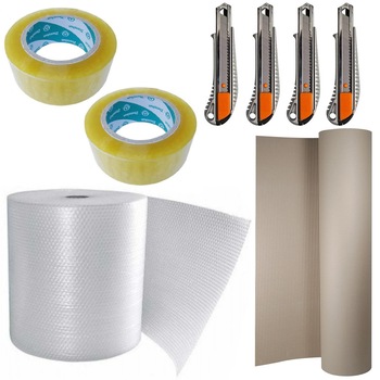 Pachet - 10(mp) xFolie cu bule, latime 1M + 20(mp) xCarton ondulat, latime 1M + 4 xCutter metalic + 2 xScotch lat transparent, 100M Pachet - 10(mp) xFolie cu bule, latime 1M + 20(mp) xCarton ondulat, latime 1M + 4 xCutter metalic + 2 xScotch lat transparent, 100M