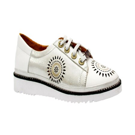 Pantofi cu siret reglabil si design deosebit din perforatii,D&J Exclusive, Alb/Argintiu