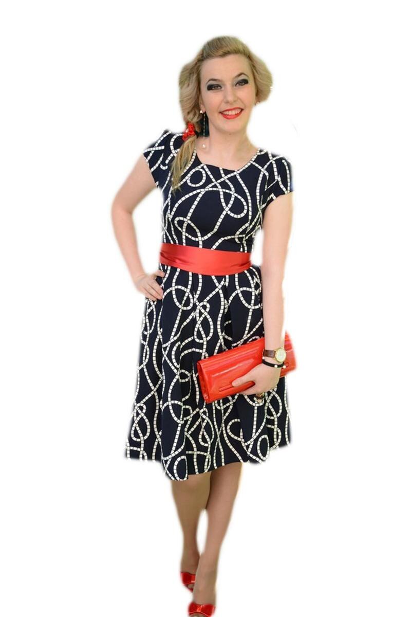 Rochie casual cu model si cordon, D&J Exclusive, Bleumarin/Alb