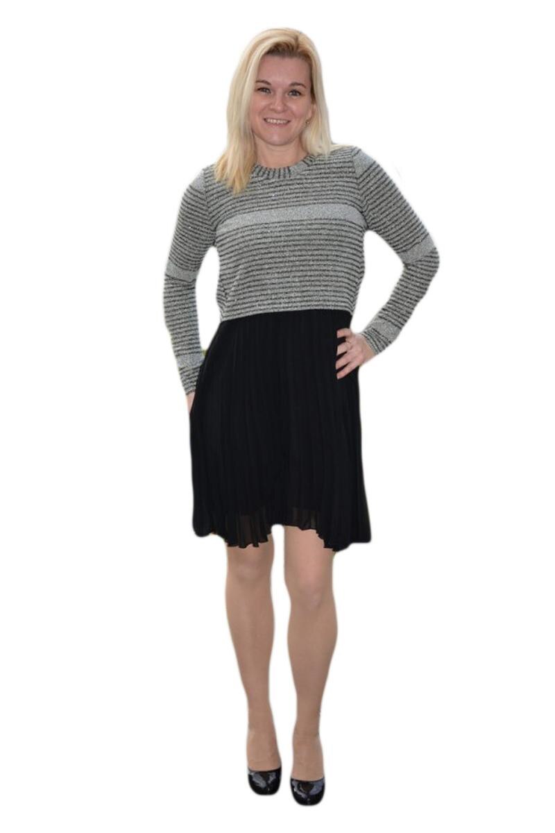 Rochie scurta cu maneca lunga, design de dungi, D&J Exclusive, Gri