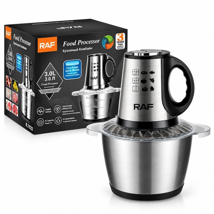 Tocator Electric Multifunctional RAF, 3L, 1000W, 2 Viteze, Bol Inox, Lame Otel Inoxidabil, Baza Antiderapanta, Lama Detasabila, Design Anti-Stropire, Ideal pentru Carne, Legume, Preparate bebelusi