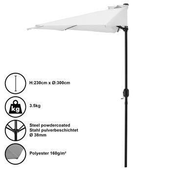 Umbrela semirotunda pentru balcon/terasa, casa.pro, 300 x 150 x 30 cm, poliester, alb Umbrela semirotunda pentru balcon/terasa, casa.pro, 300 x 150 x 30 cm, poliester, alb