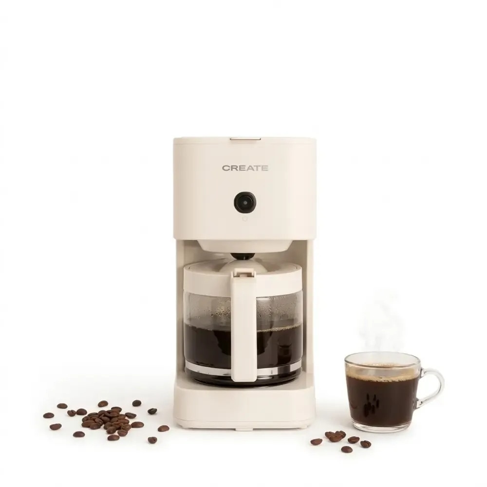 Cafetiera tip drip CREATE, Thera Drip, 12 cani, capacitate carafa din sticla 1.5 litri, cafea macinata 60g, indicator nivel apa/cafea, sistem anti-drip, Keep Warm, oprire automata, protectie supraincalzire, protectie supraincarcare, crem