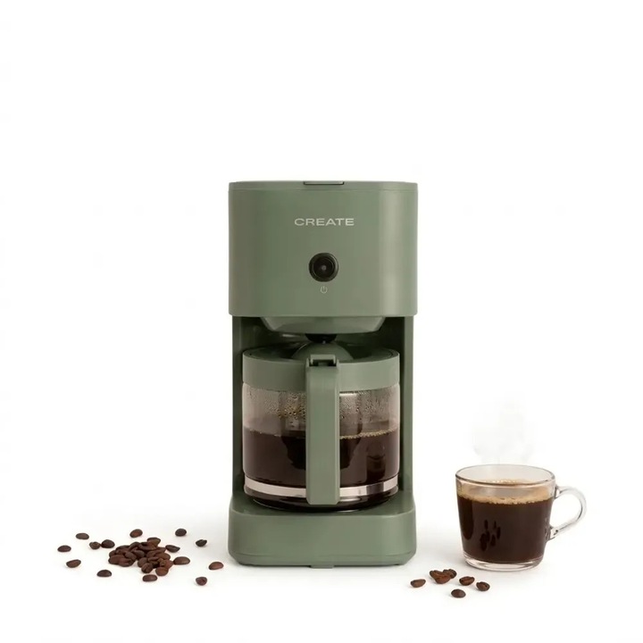 Cafetiera tip drip CREATE, Thera Drip, 12 cani, capacitate carafa din sticla 1.5 litri, cafea macinata 60g, indicator nivel apa/cafea, sistem anti-drip, Keep Warm, oprire automata, protectie supraincalzire, protectie supraincarcare, sage
