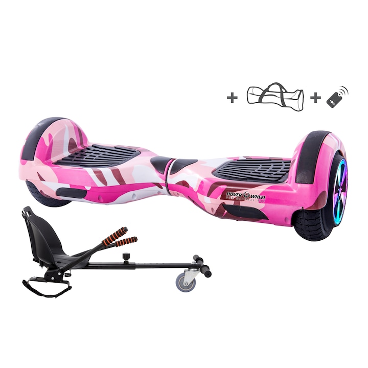Pachet COMBO HoverKart (Hoverseat,Scaun)+Hoverboard Original HoverWheel Romania roz militar ,Scuter electric , roti 6.5 inch, geanta cadou , telecomanda ,lumini led pe aripi si pe roti ,boxa muzica incorporata,motoare 700W, baterie de calitate