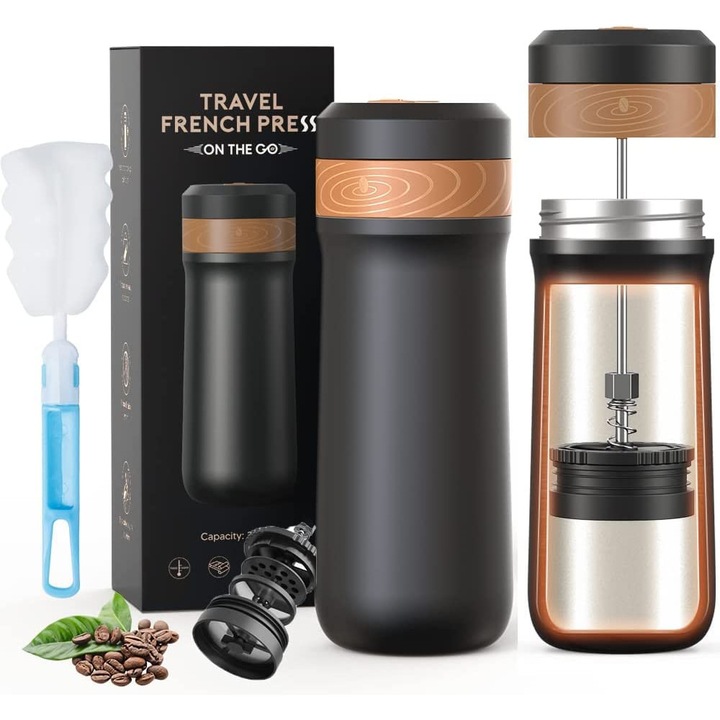 Presa franceza de calatorie Corenia QRE-5188950, 18/10 inox (BPA-free), izoterma si etansa cu garnitura din silicon, portabila, negru, 340 ml
