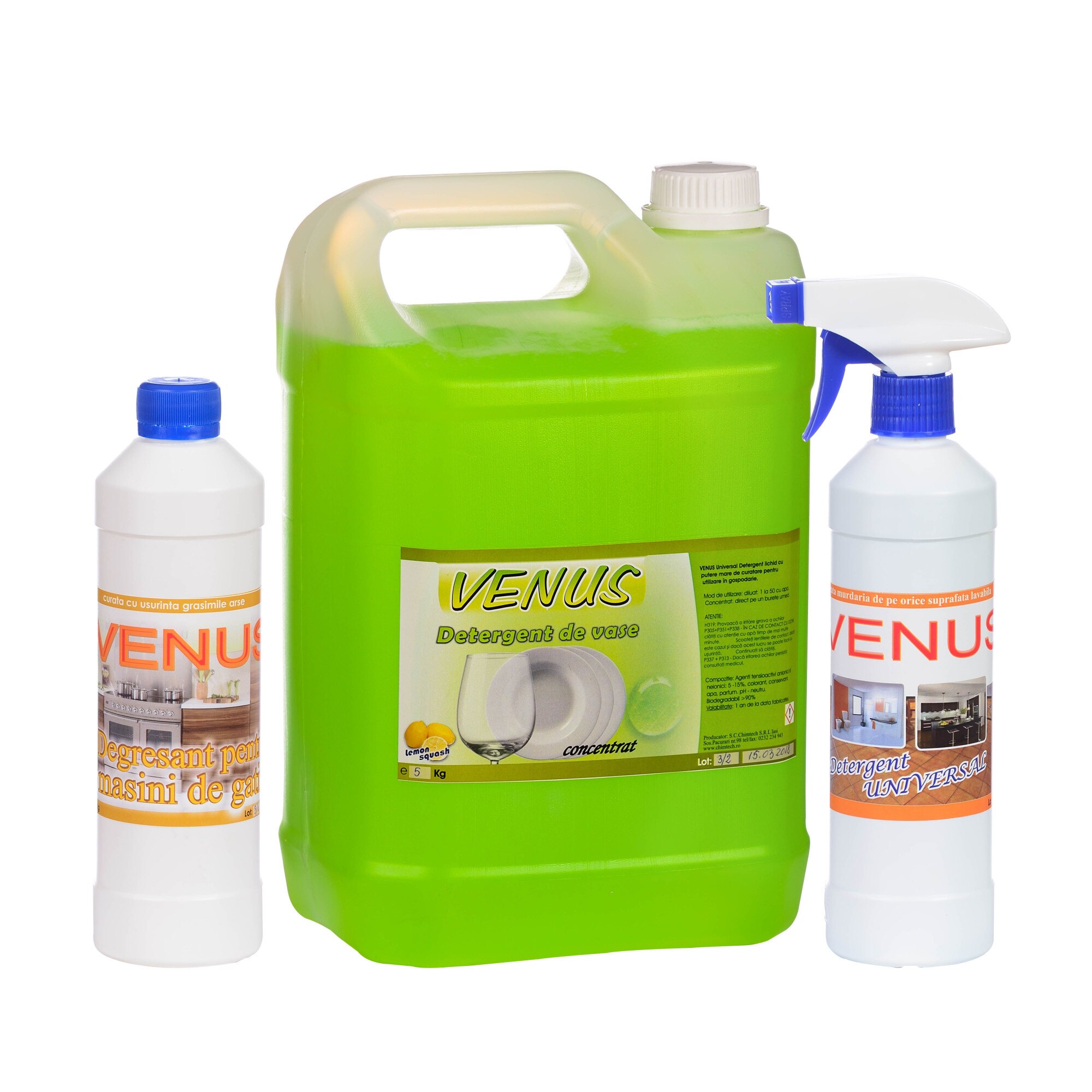 Pachet avantajos curatenie bucatarie Chimtech4: detergent Venus pentru vase 5Kg + degresant Venus pentru masini de gatit 0.5 Kg + detergent Universal Venus pentru orice suprafata lavabila 0.5 Kg, CHIMTECH, 6Kg