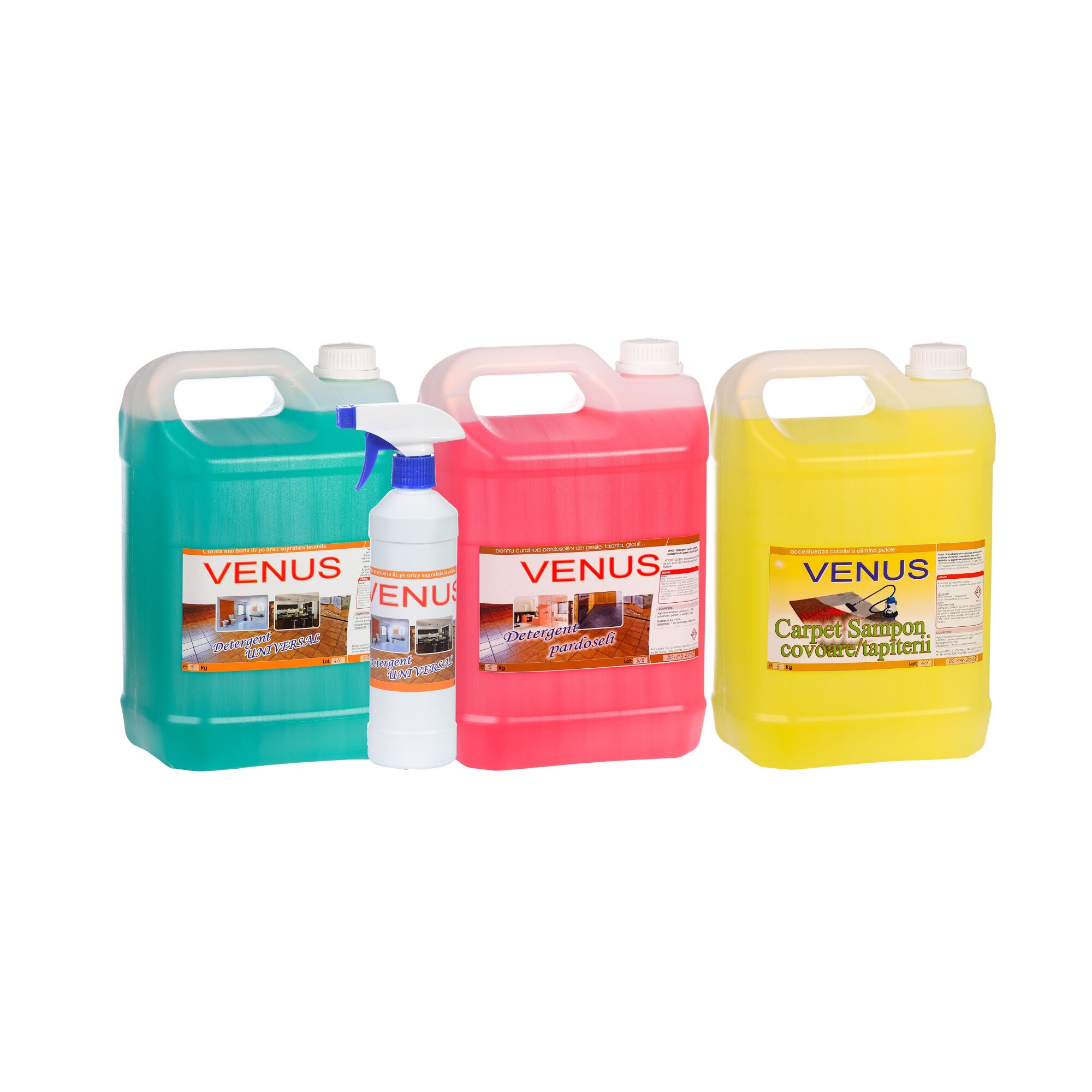 Pachet avantajos curatenie casa Chimtech7: detergent Universal Venus pentru orice suprafata lavabila 5Kg(rezerva)+0.5Kg(cu pulverizator) + detergent Venus pentru pardoseli 5Kg + carpet sampon Venus pentru covoare/tapiterii 5Kg, CHIMTECH, 15.5Kg