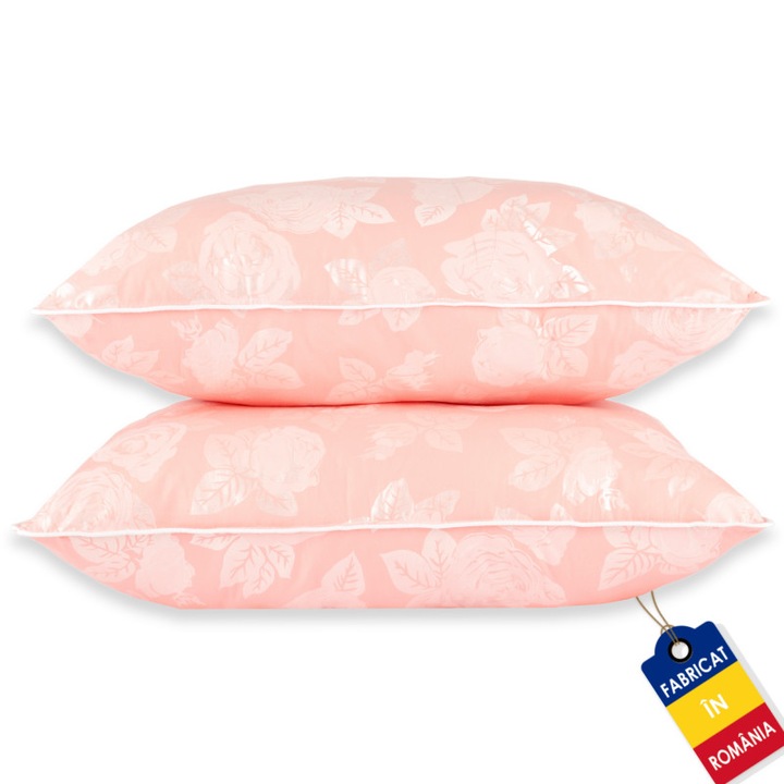Set de 2 Perne Pernador cu puf si pana de gasca, 60cm x 60cm, roz cu trandafiri argintii