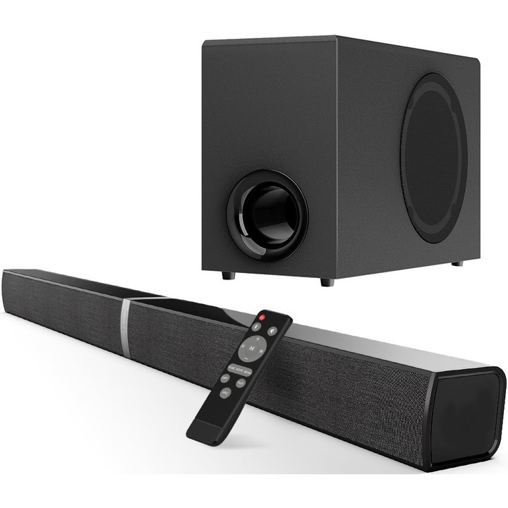 Soundbar HoYLluDLL cu subwoofer cu fir de 5, 9 inch, 120 W, sistem 2.1 canale, 3 moduri EQ, Bluetooth 5.3, ARC, optic, AUX, Negru