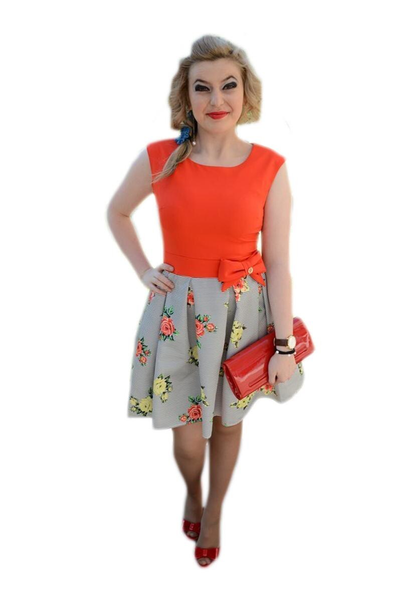 Rochie de ocazie cu design de dungi, flori, D&J Exclusive, Corai
