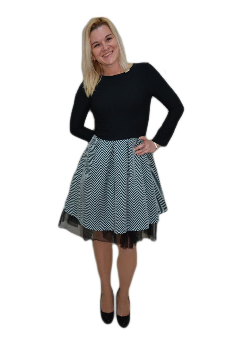 Rochie de ocazie cu croi evazat cu insertie de tul, D&J Exclusive, Negru/Argintiu