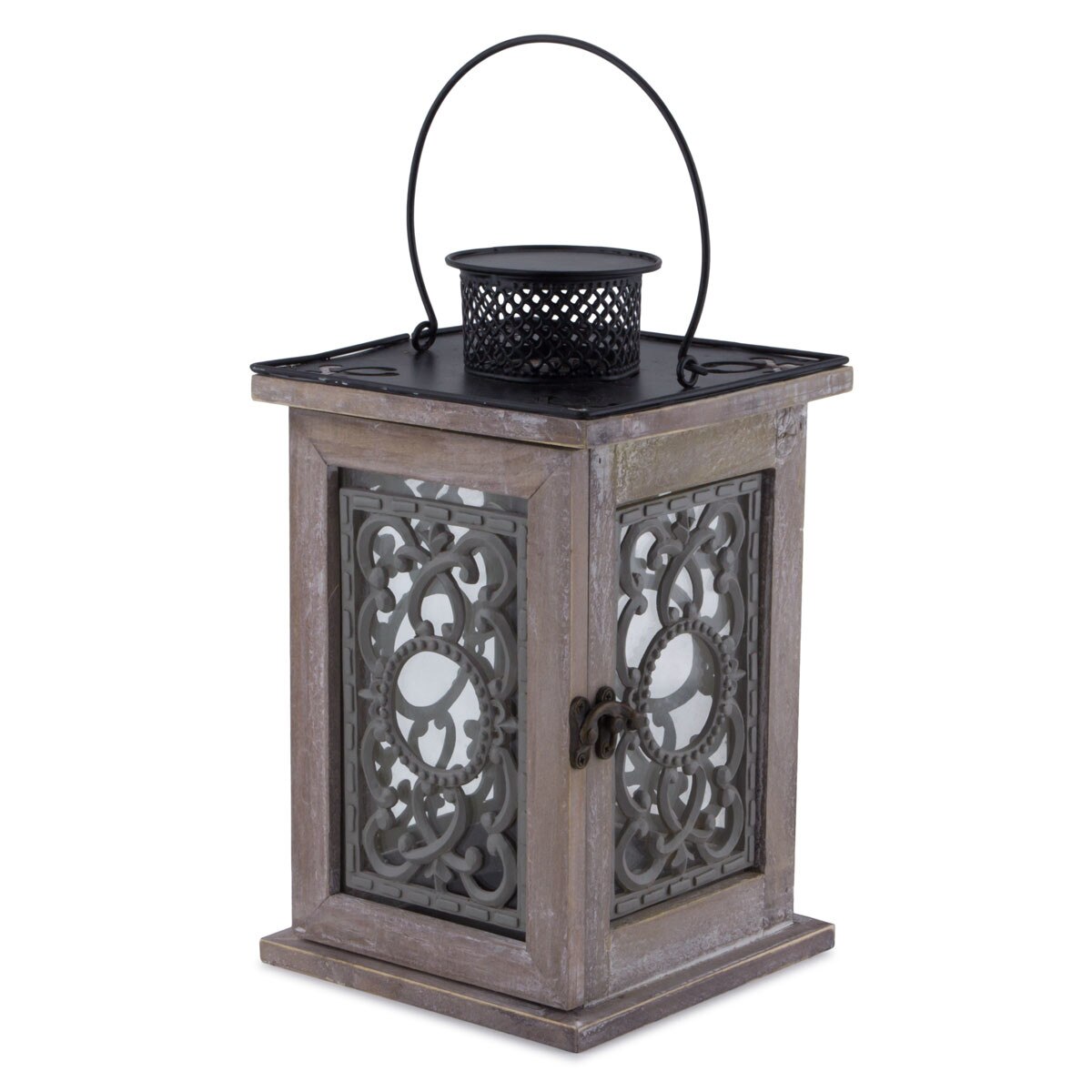 Felinar vintage, din lemn, cu usa, 16x16x 23 cm