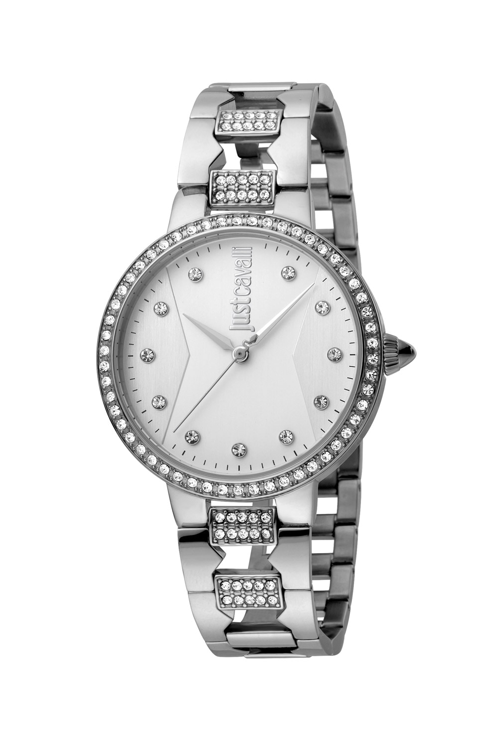 JUST CAVALLI, Ceas rotund decorat cu cristale zirconia, Argintiu