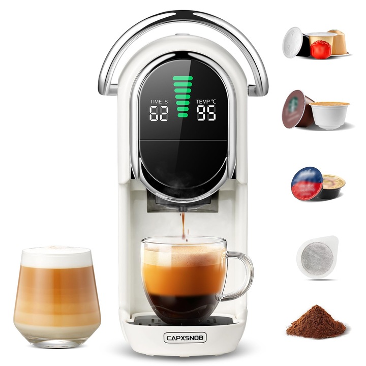 Espressor pentru capsule Corenia QRE-5202731, 5-in-1, pompa 20 bar, 1450W, compatibil Original/Lavazza A Modo Mio, accepta cafea macinata si poduri E.S.E. 44 mm, afisaj LED, 7 trepte volum, temperatura reglabila 85–97°C, rezervor 0,6 L, alb