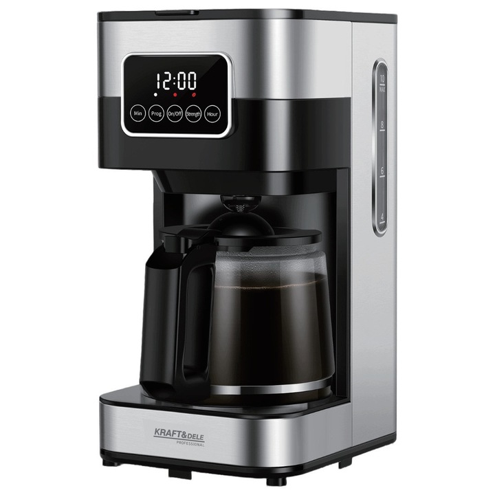 Espressor de cafea filtrant Kraft&Dele KD4288, 1200W, timer si ecran LCD, functie anti-drip, rezervor 1,5 l, argintiu/negru