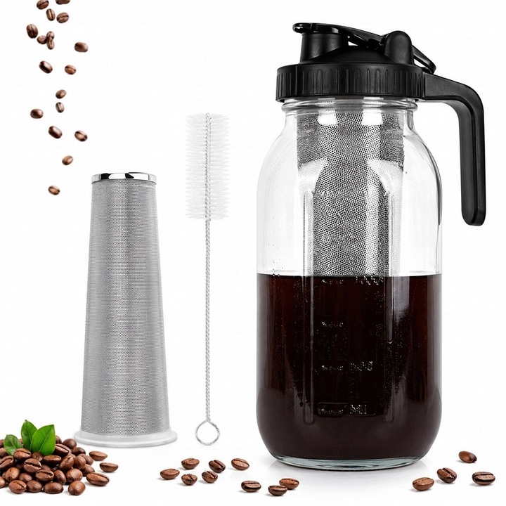Infuzor pentru cafea cold brew Bedee NQ72LFLUI09R2A, sticla 1,8 l, filtru din otel inoxidabil 304 160 µm, etans, negru
