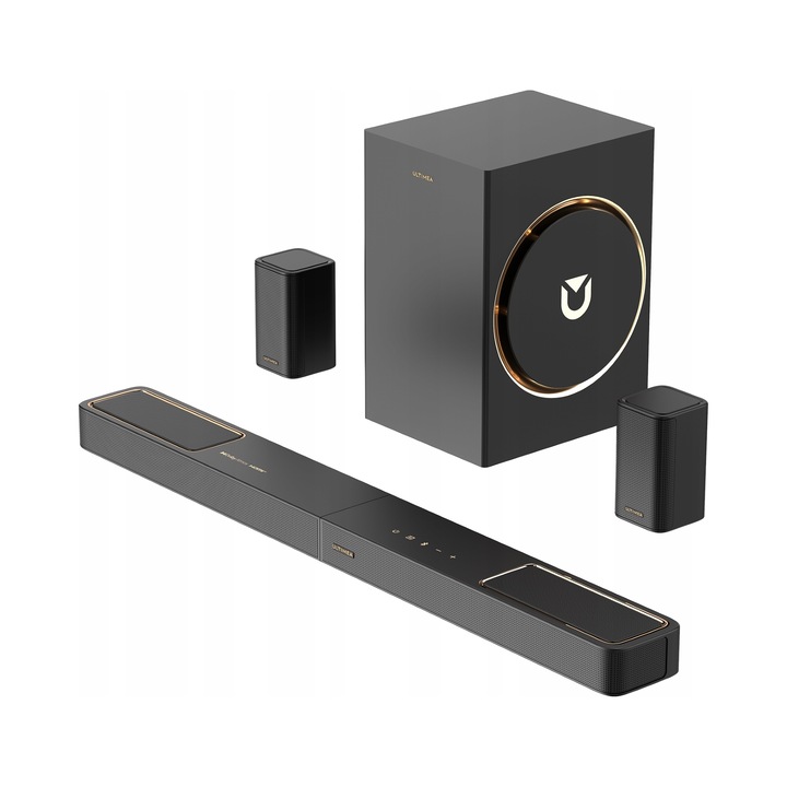 Soundbar Ultimea Skywave F40 7ROUWQ3BCTMJ, sistem home cinema 5.1.2 Dolby Atmos, 460W, HDMI eARC, Bluetooth 5.3, subwoofer cu conexiune cablata, negru