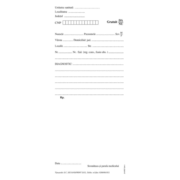 Retete medicale, 1/3 A4, hartie offset 60 gr/mp, 1 exemplar, 100 file