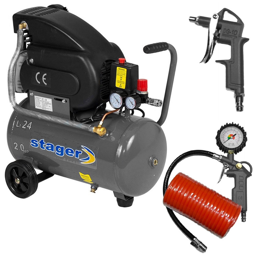 Compresor Profesional Stager HM 2024B, presiune 8 bar, rezervor 24l + Cadou Pro Kit cu 3 accesorii pentru compresoare