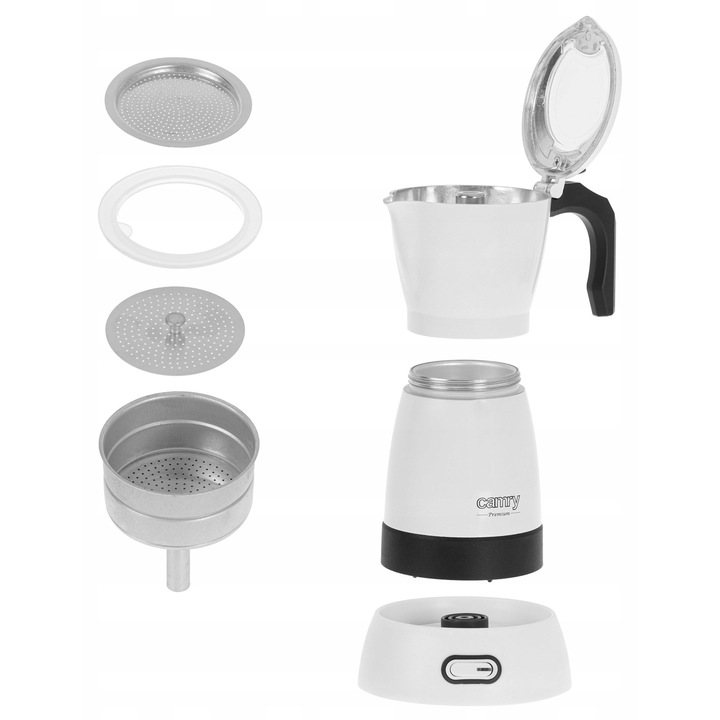 Cafetiera Moka electrica Camry MOKA O95CFYWV92FM, 480 W, 300 ml (6 cesti), aluminiu, alb/negru