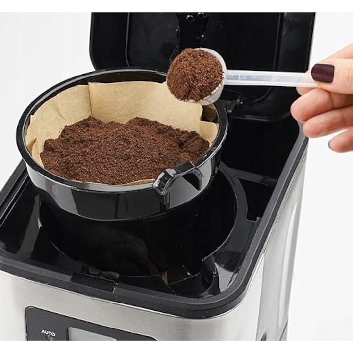 Cafetiera cu filtru Clatronic KA 3642 (W5EOCCBTLDLY1V), frontal din otel inoxidabil, programabil 24 h, anti-picurare, plita incalzire cu oprire automata, inox/negru, 1,5 L (12–14 cesti)