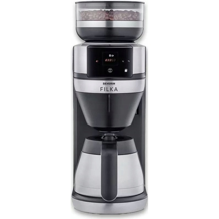 Cafetiera cu filtru Severin KA 9695 FILKA, sistem 5in1, rasnita conica din otel inoxidabil, carafa termica, afisaj LED touch, timer, 1520 W, negru mat/otel inoxidabil