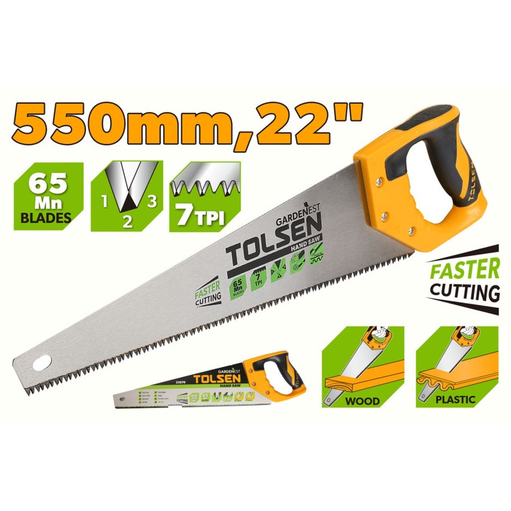 Ferastrau 550 mm GARDENEST by TOLSEN, lama 7TPI otel 65Mn tratata termic, dinti slefuiti mat de precizie 3 muchii, sistem protectie dinti, pentru taiere lemn si crengi, maner ergonomic, rezistenta la uzura, calire inalta frecventa, durabilitate ridicata