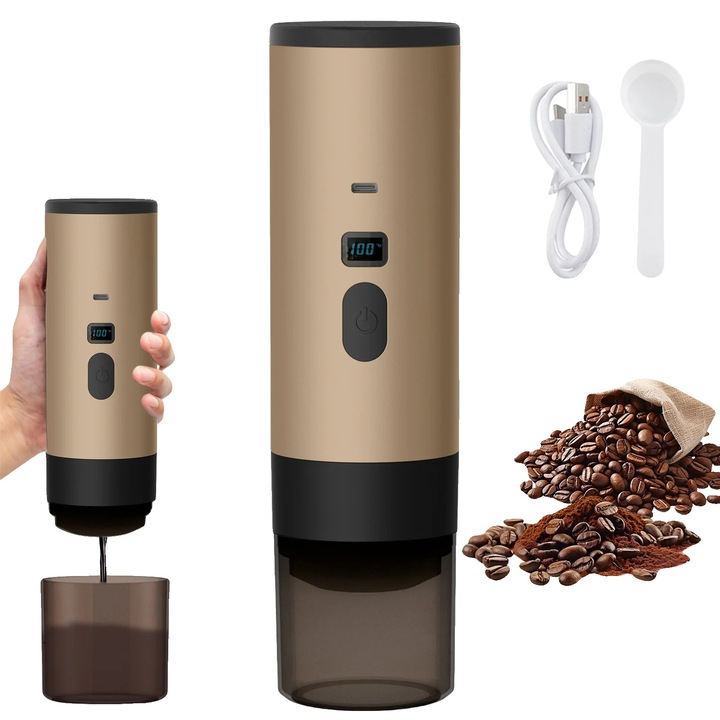 Espressor portabil 3-in-1 8785374551427, compatibil cafea macinata si capsule, 20 bar, 72W, incalzire inteligenta, USB-C, bej sampanie, 90 ml
