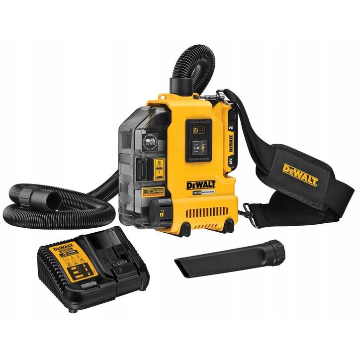 Extractor de praf DeWalt DWH161D1-QW 18V XR, brushless, filtru HEPA 99,5% (0,3 µm), acumulator 2 Ah si incarcator incluse, flexibil 1 m, galben/negru
