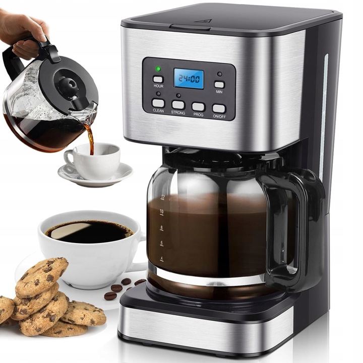 Cafetiera electrica programabila EVGZU9JAL2G, 950 W, carafa din sticla 1,5 l, timer, mentinere caldura 2 h, anti-picurare, negru/argintiu